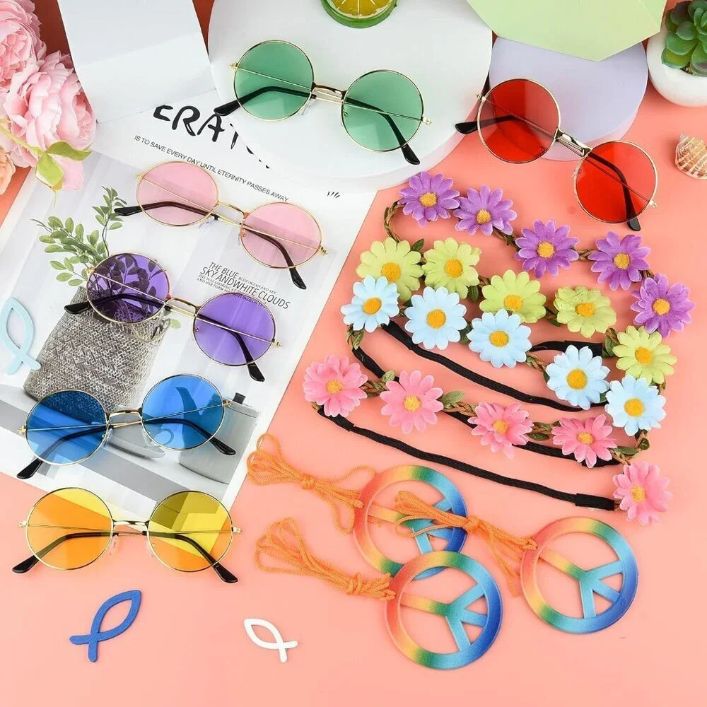 Hippie Costume Accessories Set 20 Headbands Sunglasses Peace Sign for Party